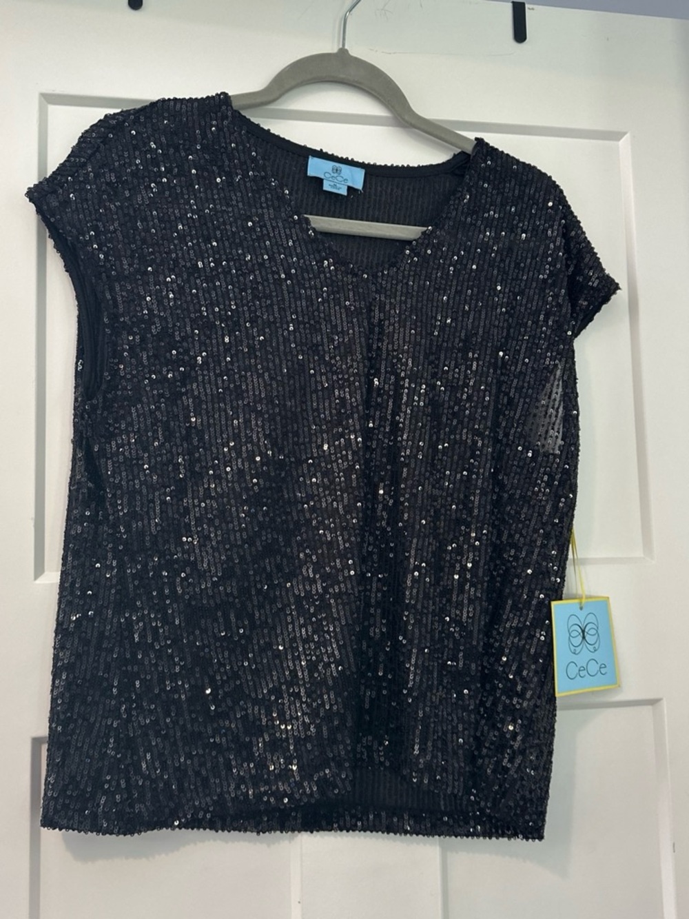 CeCe Black Sequin Short Sleeve Blouse